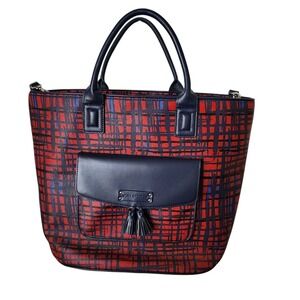 Vera Bradley Tassel Tote Navy Blue Red Art Plaid Large Travel Bag Crossbody NWT